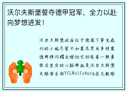 沃尔夫斯堡誓夺德甲冠军，全力以赴向梦想进发！